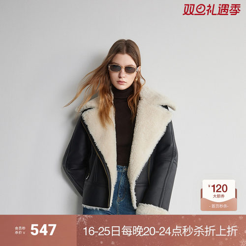 PU环保皮草外套女 ochirly欧时力机车夹克2024新款早春保暖时尚