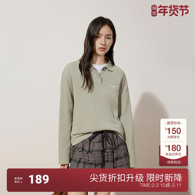 OCHIRLY欧时力 100%棉Polo领长袖T恤女上衣绣花气质2024秋冬新品