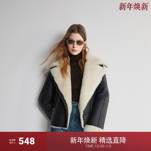 早春保暖时尚 PU环保皮草外套女 ochirly欧时力机车夹克2024新款