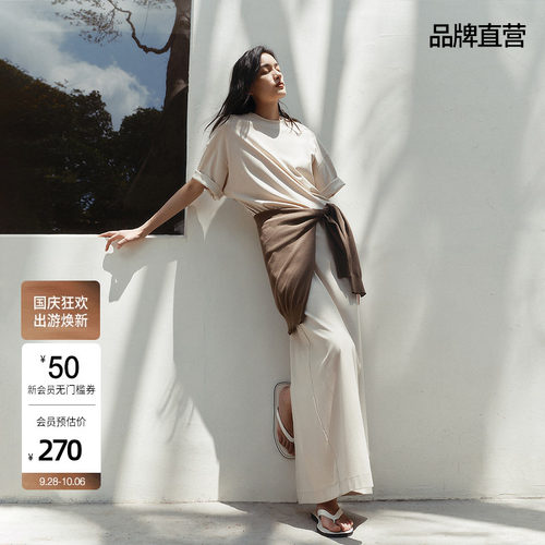 OCHIRLY欧时力丝光圆领连衣裙女长裙休闲松弛感度假裙夏新品