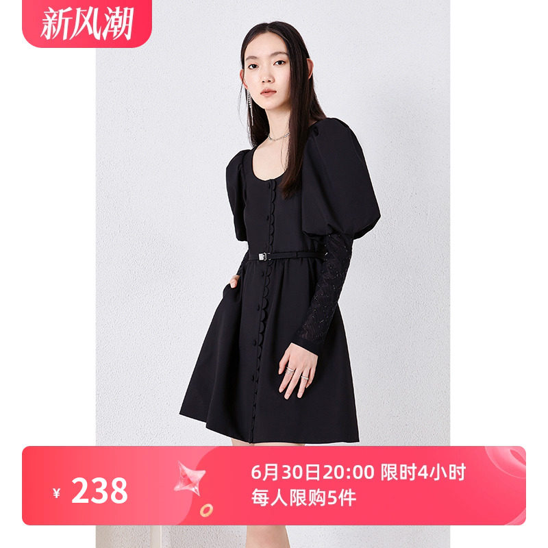 欧时力法式复古连衣裙冬装裙子腰带活动袖气质年会黑裙高级感