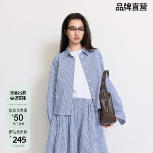 OCHIRLY欧时力 蓝白格子长袖衬衫女上衣翻领气质通勤夏季新品