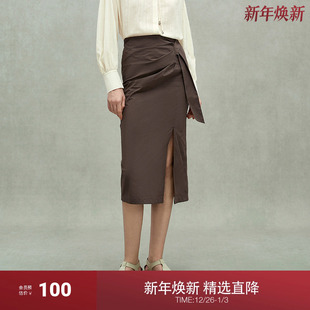 新品 开衩高级感2025夏季 立体褶饰直筒半身裙中长款 OCHIRLY欧时力