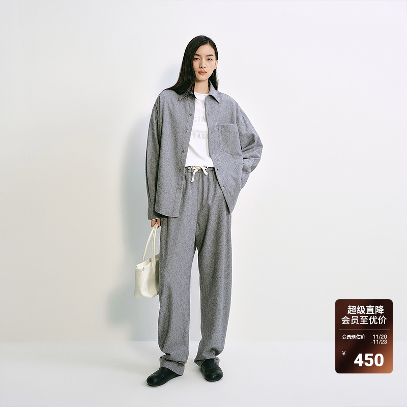 OCHIRLY欧时力 薄羊毛呢长裤女弯刀裤宽松系带休闲2025夏季新品