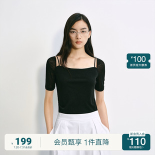 OCHIRLY欧时力 方领短袖 t恤女上衣透气收褶设计感2025夏季 新品