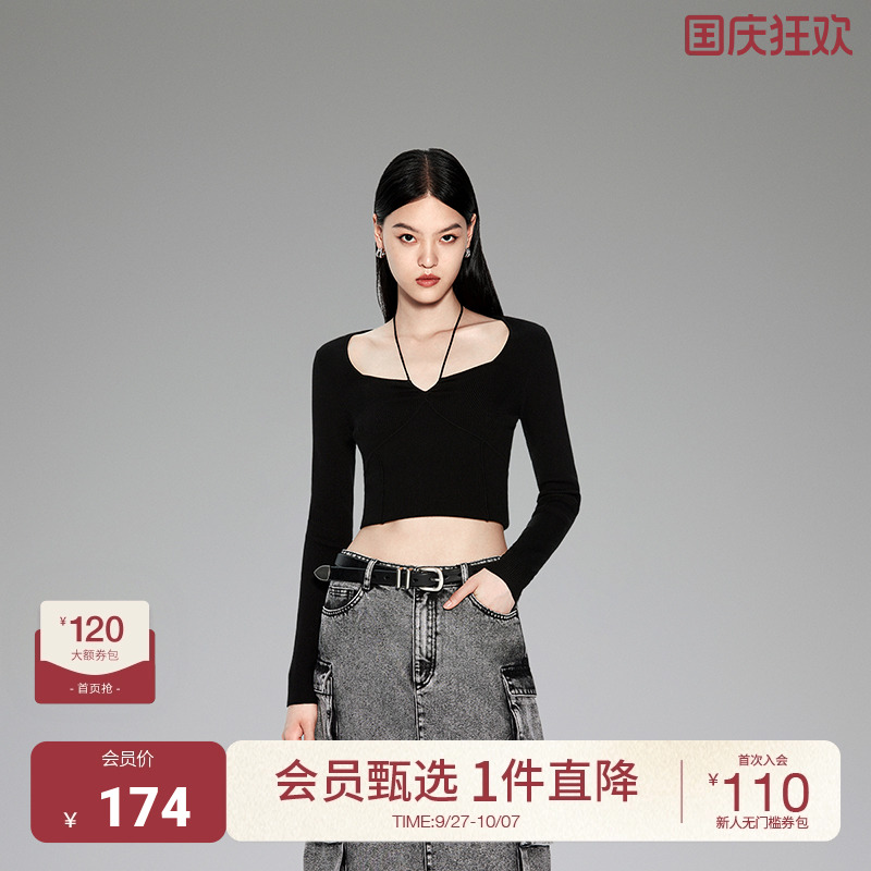 ochirly欧时力绑带方领修身毛衣