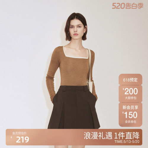 ochirly欧时力桑蚕丝羊毛套头毛衣女方领针织气质2025春新款