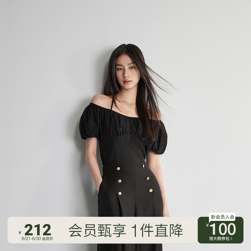 泡泡袖短款短袖衬衫女 ochirly欧时力2024新款夏装系带一字肩