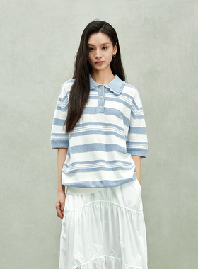 ochirly欧时力 亚麻棉polo领条纹短袖针织衫女上衣2025春季新品