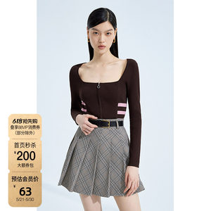 黑标系列欧时力条纹修身针织外套女春装方领休闲运动风