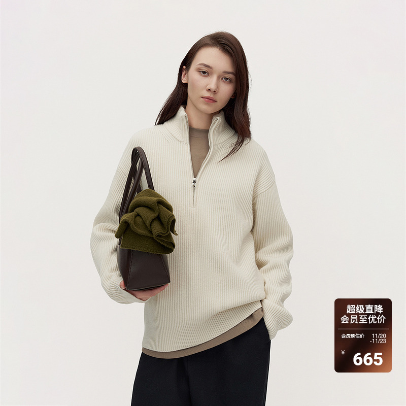 OCHIRLY欧时力 100%绵羊毛高领毛衣女半开襟保暖高级秋冬新品