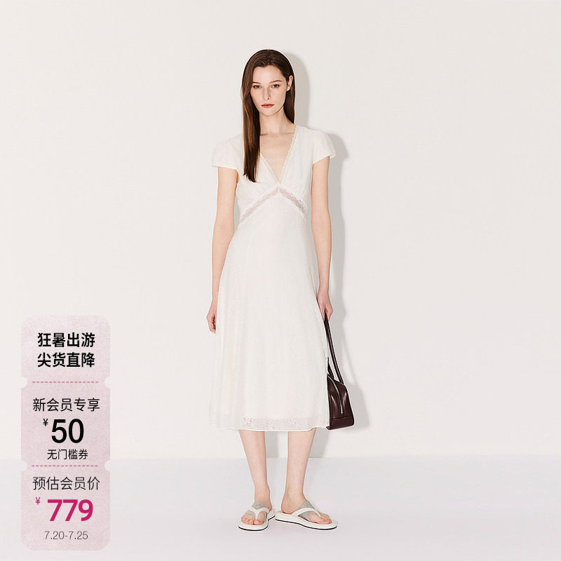【新品】OCHIRLY欧时力 连衣裙2026夏季蕾丝V领收腰小黑裙白裙A字
