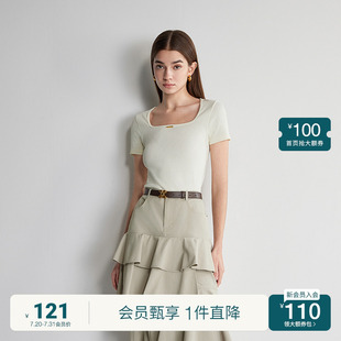 春夏短款 女 ochirly欧时力2024新款 透气 修身 方领短袖 法式 针织衫