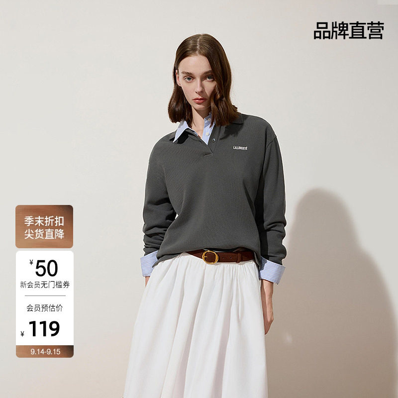 OCHIRLY欧时力 100%棉Polo领长袖T恤女上衣绣花气质秋冬图片
