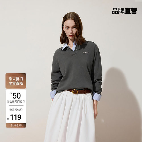OCHIRLY欧时力 100%棉Polo领长袖T恤女上衣绣花气质秋冬