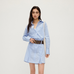 新品 裙连衣裙复古通勤气质配腰带2025秋季 条纹衬衫 OCHIRLY欧时力