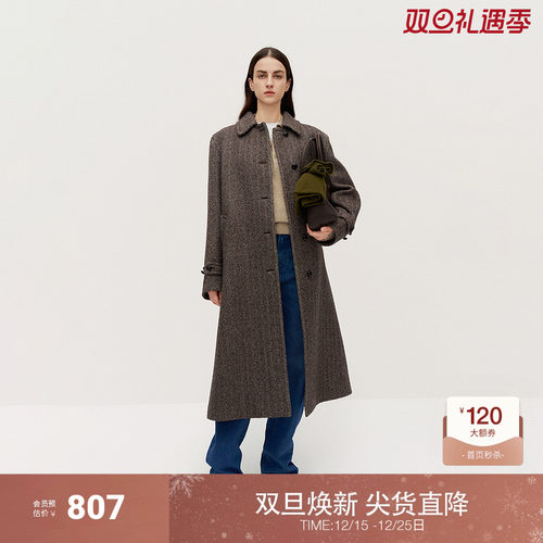 OCHIRLY欧时力 羊毛人字纹呢大衣女翻领外套复古高级2025秋冬新品