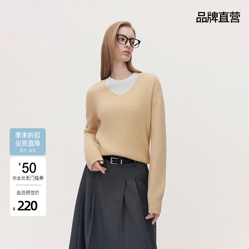 OCHIRLY欧时力牦牛绒羊毛套头毛衣女针织V领松弛感春