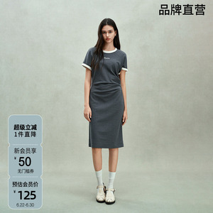 ochirly欧时力 抽褶插肩连衣裙女刺绣撞色收腰休闲春季新品