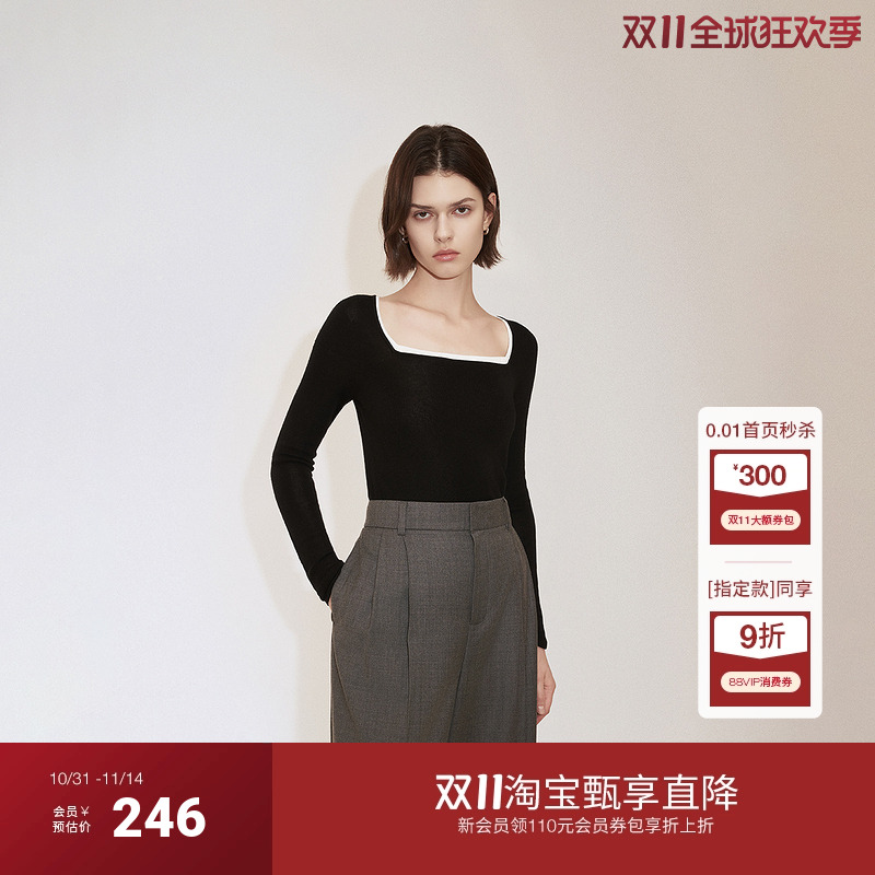 ochirly欧时力桑蚕丝羊毛套头毛衣女方领针织气质2025春新款