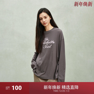 新品 T恤女后开衩上衣2025春季 轻薄纯棉印花长袖 ochirly欧时力