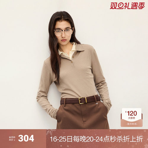 OCHIRLY欧时力 100%羊毛翻领长袖T恤女上衣休闲内搭2025秋冬新品