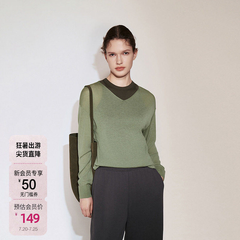 OCHIRLY欧时力 100%澳大利亚进口羊毛V领毛衣女针织秋季