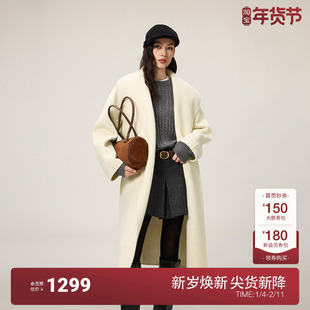 OCHIRLY欧时力 100%羊毛双面呢翻领袍式大衣外套腰带2025秋季新品