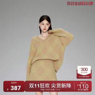 冬装 V领毛衣女2023新款 欧时力 菱格慵懒风软糯 秘鲁羊驼毛