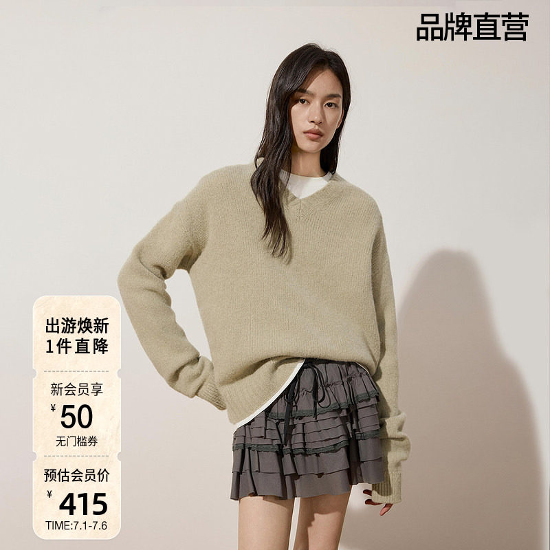 OCHIRLY欧时力 牦牛绒羊毛套头毛衣女上衣保暖V领气质秋冬
