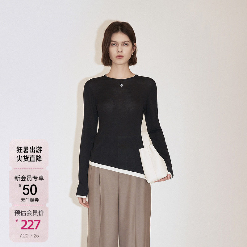 ochirly欧时力桑蚕丝羊毛套头毛衣女针织衫设计感春