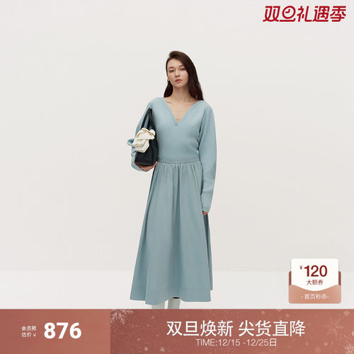 OCHIRLY欧时力 拼接假两件针织连衣裙羊腿袖气质V领2024秋冬新品