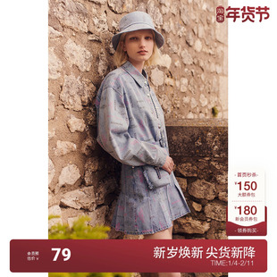 欧时力 印花a字牛仔半身裙早秋短裙褶裙学院风