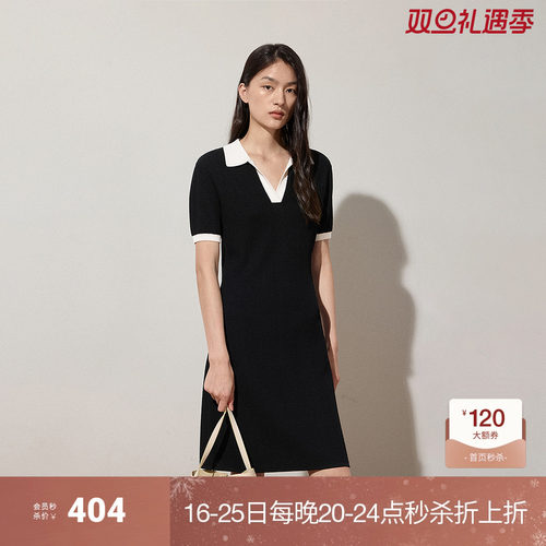 OCHIRLY欧时力 polo领短袖针织连衣裙A字撞色度假裙2025夏季新品