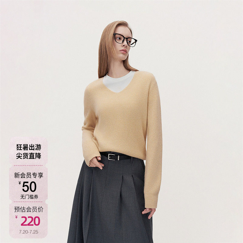 OCHIRLY欧时力牦牛绒羊毛套头毛衣女针织V领松弛感春