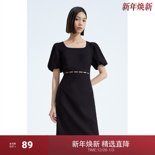 小黑裙 镂空法式 ochirly欧时力 醋涤仿麻显瘦连衣裙夏装