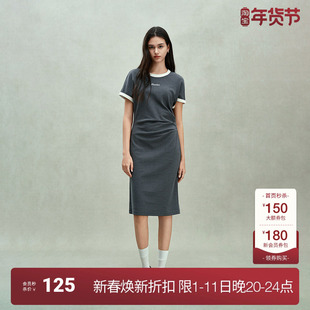 ochirly欧时力 抽褶插肩连衣裙女刺绣撞色收腰休闲2025春季新品