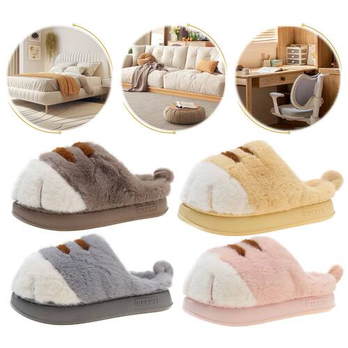 3D Cat Paw Plush Slippers Flat Thermal Slippers Comfortable