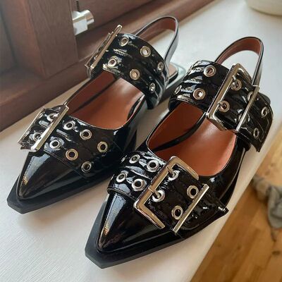 Richealnana Women Black Pointed Toe Belt Buckle Slingback Fl