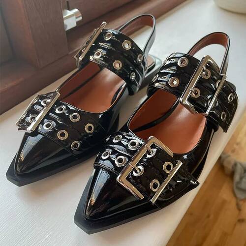Richealnana Women Black Pointed Toe Belt Buckle Slingback Fl
