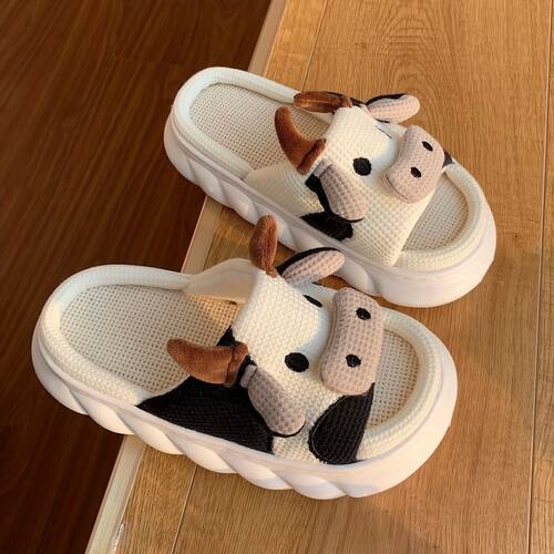 Women's Kawaii Cartoon Cow House Slippers, Casual Slip On Pl