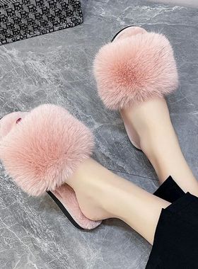 New Woman Slippers Winter Simple Word Fur Flats Soft Home Wo