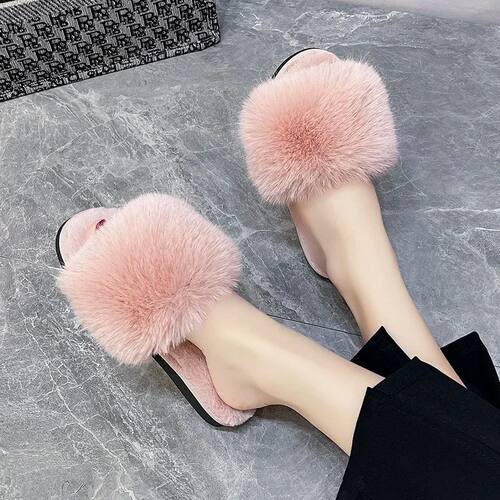 New Woman Slippers Winter Simple Word Fur Flats Soft Home Wo
