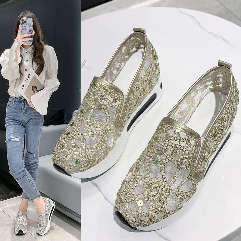 Platform Wedges Women's Sneakers Floral Embroidery Mesh Snea