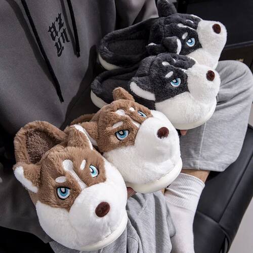 Men Indoor Cotton Slippers Cute Cartoon Dog Winter Warm Shoe