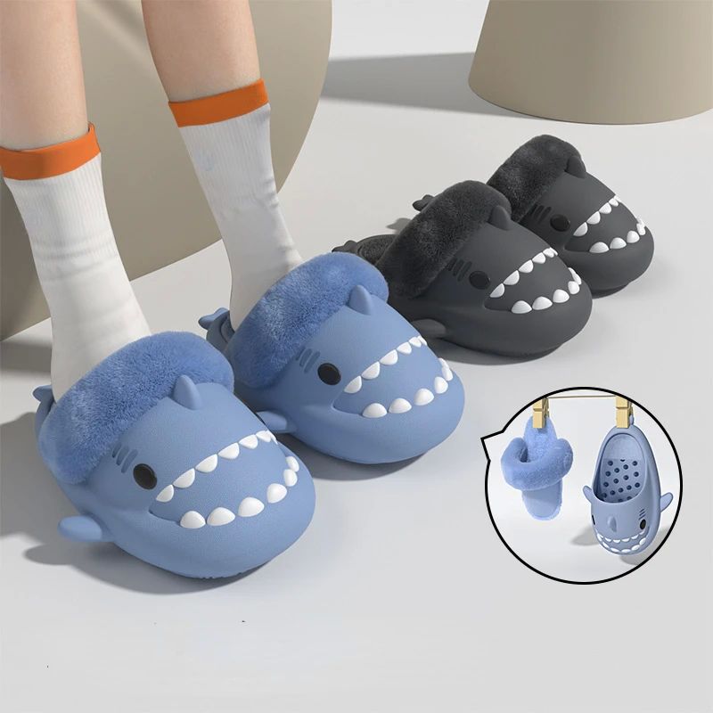 Men'S Winter Plush Shark Slippers Couple Adults Warm Fluffy