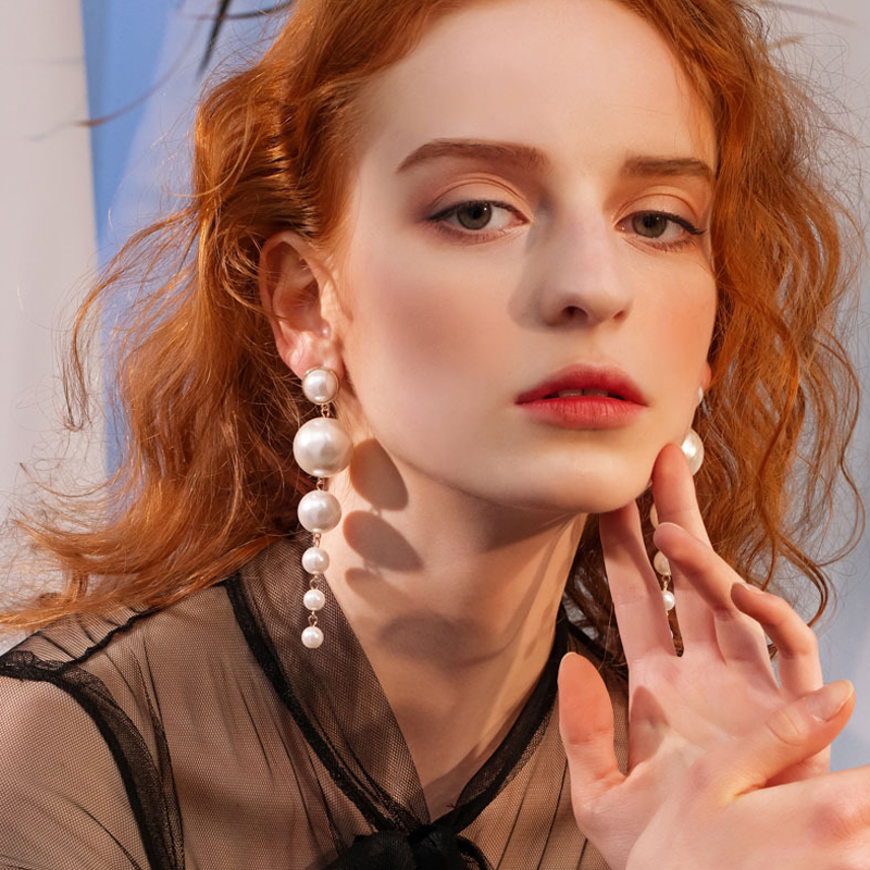 Trendy Elegant Created Big Simulated Pearl Long Earrings Pea