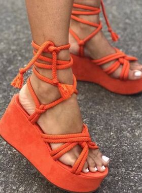 Platform Wedge Strappy Sandals Women Fashion Round Toe Cross