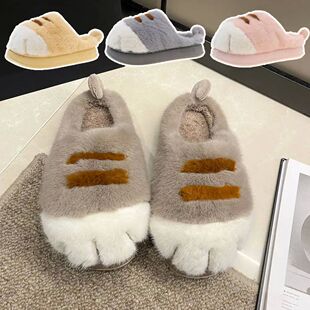 3D Cat Paw Plush Slippers Flat Thermal Slippers Comfortable