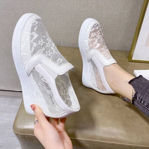 Women Wedge Platform Sneakers Rubber Leather High heels Lace